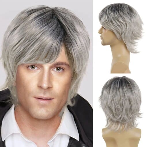 Gnimegil Synthetic Dark Root Ombre Silver Grey Hair Wig For Women Men Cosplay Costume Anime Natural Layered Short Wave Wig With Bangs MI1611853