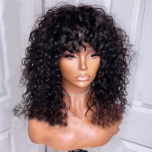 Goldenparty Hair Curly Full Machine Made Scalp Top Wig With Bangs 200 Density Scalp Top Kinky Curly Wigs Remy Brazilian Curly Human Hair Wigs MI1602469