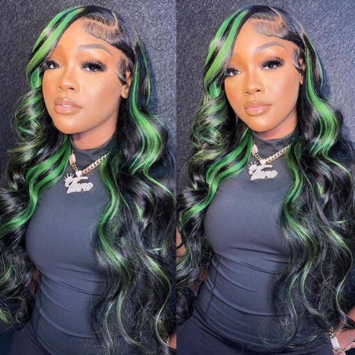 Green Black Blended Highlight Money Piece Straight Body Wave MI1610782