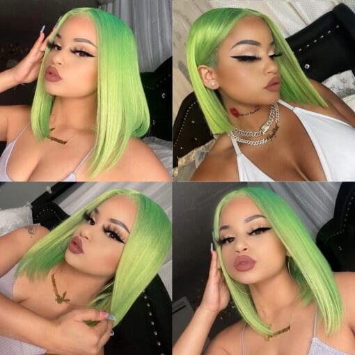 Green Lace Front Wigs Human Hair Natural Hairline Green Bob MI1609282