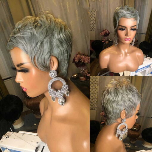 Grey Short Pixie Cut Bob 100% Human Hair Wigs For Women Women MI1610496