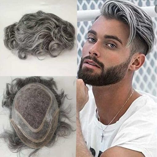 Grey Silver Human Hair Men Toupee Lace Front Pu Hairpiece MI1611846