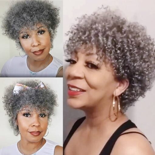 Grey Wig For Women Women Afro Kinky Curly Human Hair Wig Black Grey Wig Glueless Grey Wig With Bangs Human Hair Short Grey Wigs 150% Density MI1604210