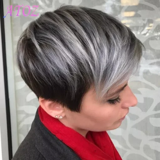 Grey With Black Mixed Short Pixie Cut Wig With Bangs Heat MI1610482