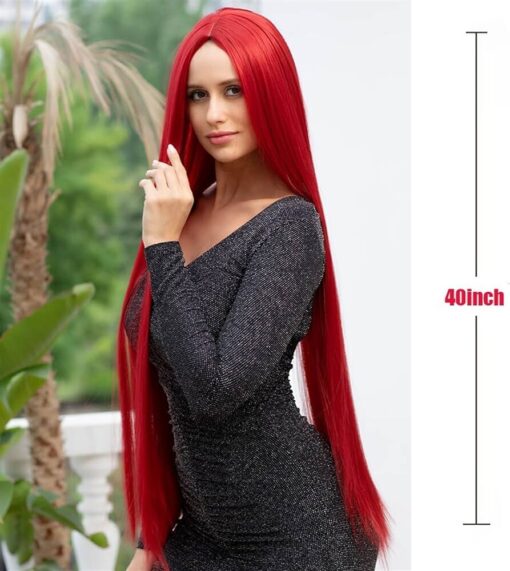 Grfit Wigs 40" Long Straight Wigs Red Straight Synthetic Wigs, 130% Density Middle Part Heat Resistant Fiber Straight Wig For Women Cosplay Party Daily Use MI1607857