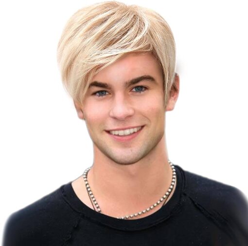 H&Bwig Short Ombre Blonde Mens Wigs Straight Layer Wigs For Women Men Natural Synthetic Hair Wig For Women Man Men Guy Cosplay Anime Party Costume Anime Men'S Wig MI1610712