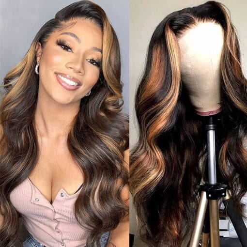 Haha Brown Highlight Lace Front Wig 4X4 Human Hair Body Wave MI1611679