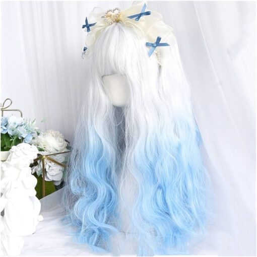 Hair Wigs Human Hair White Gradient Blue Wig, Synthetic Long Curly Wave Wig With Bangs Soft Natural Temperature Synthetic Wig For Women Party Costume MI1610301