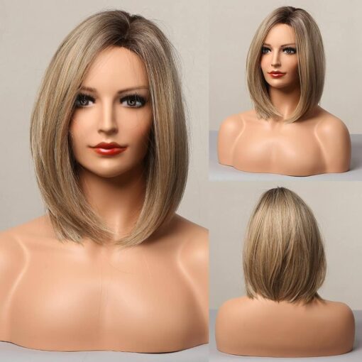 Haircube Ash Blonde Bob Wig Short Hair Side Parting Wig Hand Tied Hairline Shoulder Length Ombre Wig Natural Looking Synthetic Ladies Wig MI1610576