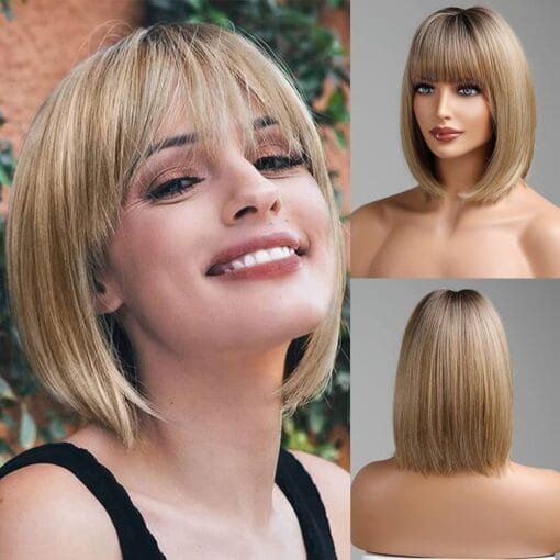 Haircube Ash Blonde Bob Wig With Bangs Ombre Short Wigs For Women Women Heat Resistant Fibre Synthetic Wig Natural Looking 12 Inch MI1610580