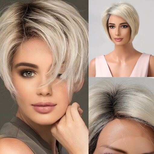 Haircube Platinum Blonde Short Pixie Cut Lace Front Human Hair Wig Side Part Natural Ombre Straight Remy Hair Wigs For Women Women MI1603946