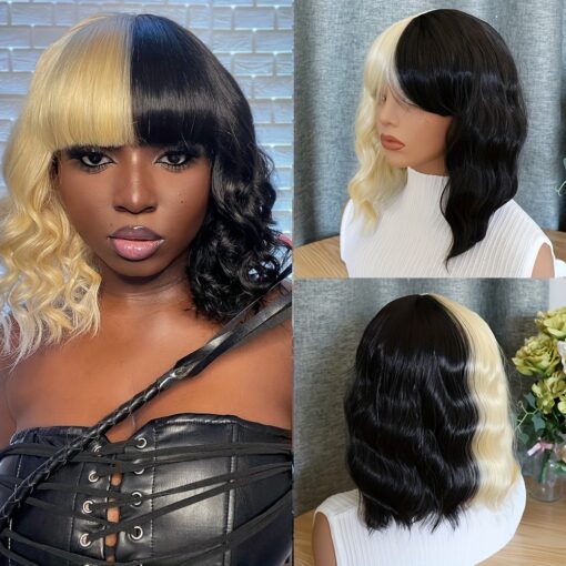 Half Black Half Blonde Color Short Wavy Wig Bangs Synthetic MI1610438