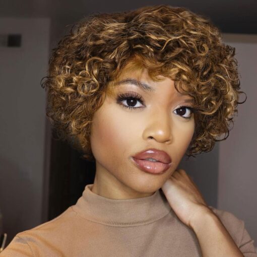 Hanne Fashion Short Curly Human Hair Wig For Women Black Women Mixed Brown Curly Bob Wigs Side Part Pixie Cut Wig Brazilian Remy Human Hair Non Lace MI1602541