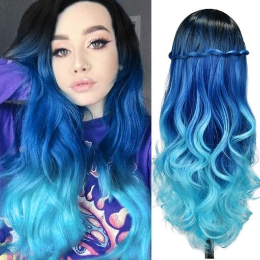 Hanne Long Hair Body Wave Ombre Bluish Teal Blue Wigs For Women MI1610456