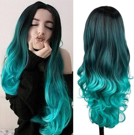 Hanne Ombre Bluish Green Wigs Long Wavy Synthetic Wigs For Women Women Heat Resistant Glueless Synthetic Hair High Density Body Wave Aqua Teal Wigs (Ombre MI1610542