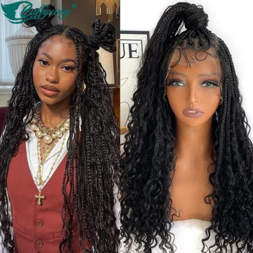 Hd Full Lace Wig Human Hair Braided Knotless Boho Box Braids With Curly Full End MI1602171