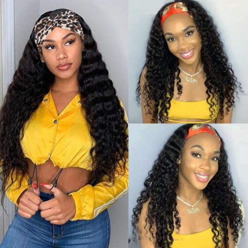 Headband Wig Human Hair Deep Wave Glueless None Lace Front Headband Wig Brazilian Virgin Hair Wigs For Women Black Women 16 Inch MI1605076