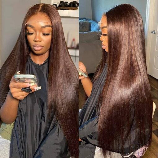 Hermosa 13X4 Chocolate Brown Lace Front Wigs Human Hair With Baby Hair 180 Density Straight Lace Frontal Human Hair Wigs Pre Plucked Hairline 4# Brown MI1610844