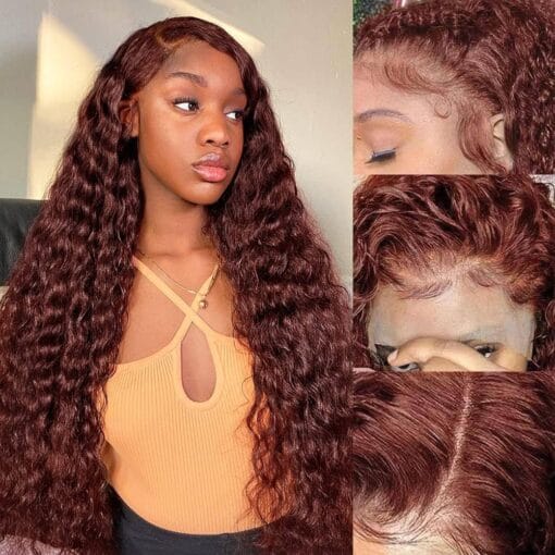 Hevgf Reddish Brown Curly Lace Front Wigs Human Hair 26 Inch Cooper Red Deep Wave Wig Human Hair 13X4 Hd Lace Colored Water Wave Human Hair Wigs Pre MI1611652