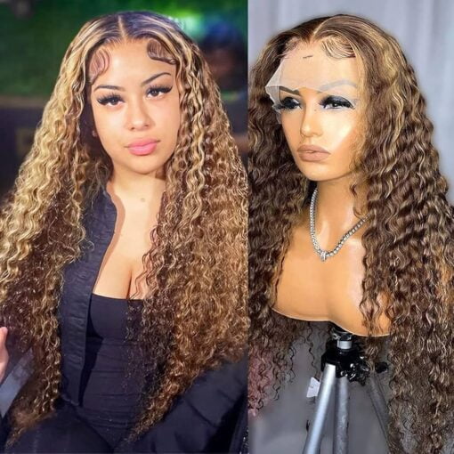 Highlight 13X6 Deep Wave Lace Front Wigs Ombre 4/27 13X6 Hd Transparent Deep Curly Frontal Wig For Women Women 180% Density Glueless Honey Blonde Deep MI1603684