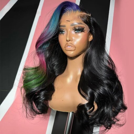 Highlight Blue Pink Green Body Wave Lace Frontal Wig For Women Women, Transparent Lace Front Human Hair Wigs, 40Inch Synthetic Lace Wig Pre Plucked MI1607856