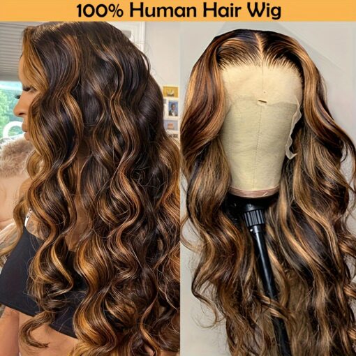 Highlight Body Wave Wig 13X4 Lace Front Human Hair Wig P4/27 Colored Ombre 13X4 Lace Frontal Wigs For Women Women Pre Plucked With Baby Hair 180% Density MI1603605