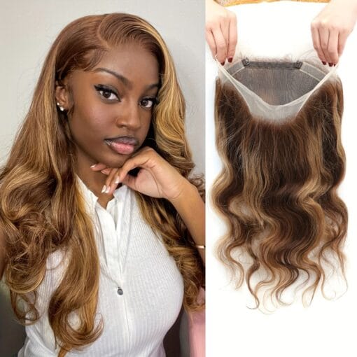 Highlight Brown Human Hair Closure 360 Lace Frontal With Baby Hair Body Wave Closure Ombre Honey Blonde Color P4/27 Lace Closure Only Not A Full Wig MI1612048