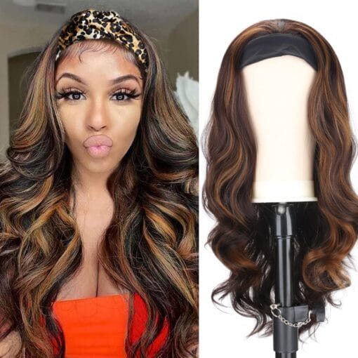 Highlight Headband Wig Long Wavy Brown Mix Blonde Wig For Women MI1611554