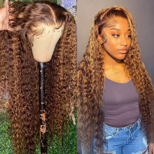 Highlight Honey Brown Curly Lace Front Human Hair Wigs 13X4 Remy Ombre Colored Deep Wave Lace Frontal Wig For Women Women Pre Plucked MI1610614