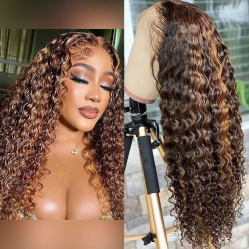 Highlight Human Hair Lace Front Wigs Deep Wave Ombre Lace Front Wigs MI1602248