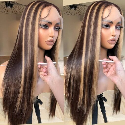 Highlight Lace Front Wig, Honey Blonde Lace Front Wig Pre Plucked Ready To Wear, Glueless 13X5X1 Synthetic Lace Front Wigs 26Inch, Expressive Ombre MI1611136