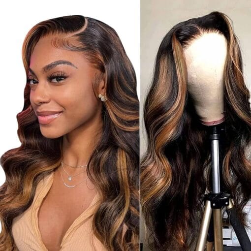 Highlight Lace Front Wig Human Hair Body Wave Ombre Honey Blonde 13X4 Transparent Lace Front Wigs For Women Women Ombre Brown Lace Front Wigs 180% Density MI1611587