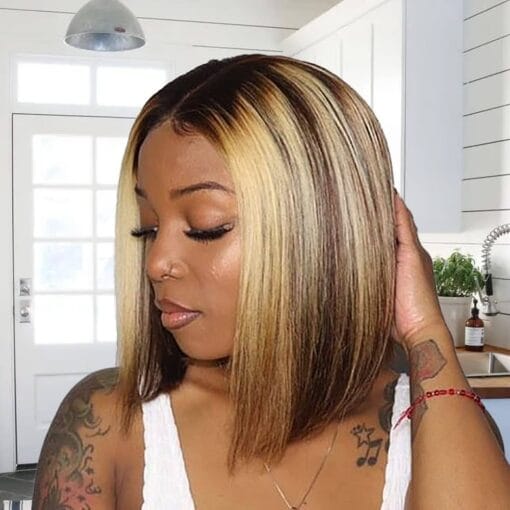 Highlight Ombre Bob Wig Human Hair Straight 4/27 Honey Blonde Bob Lace Front Wigs Human Hair 10 Inch 13X4 Lace Front Bob Wigs 12A Short Bob Wig 180% MI1611190