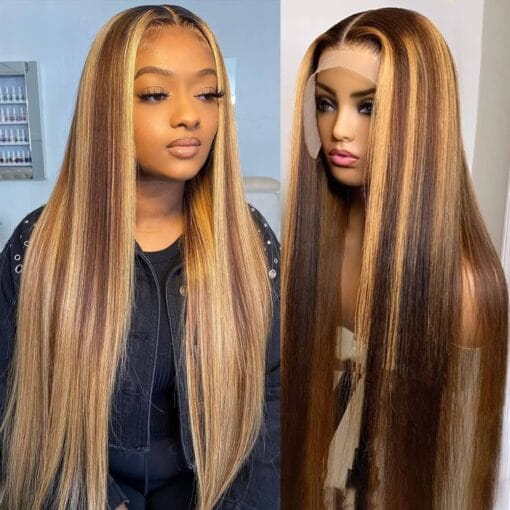 Highlight Ombre Lace Front Wig Human Hair 13X4 Hd Transparent 4/27 Honey Blonde Lace Frontal Wigs Pre Plucked With Baby Hair 180% Density Straight MI1611586