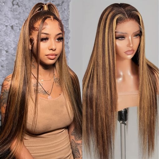 Highlight Ombre Straight Lace Front Wigs Human Hair Colored 3/33 Honey Blonde Wigs Straight 13X4 Lace Closure Wigs Human Hair Lace Front Wigs For Women Women Pre Plucked Bleached Knots With Baby Hair MI1611684