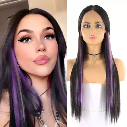 Highlight Purple Synthetic Lace Front Wig For Women Black Women Long Yaki Straight Wig MI1610527