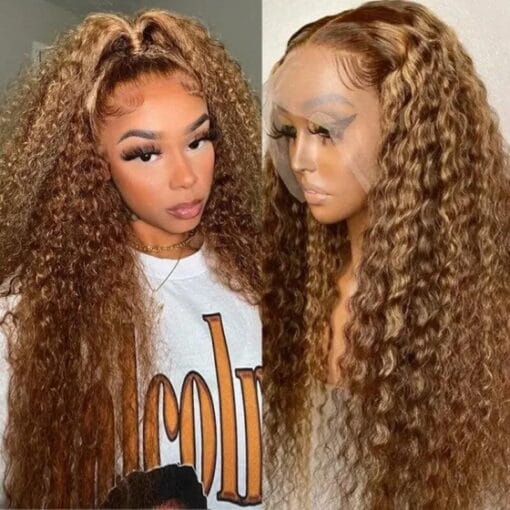 Highlight Wig Human Hair 13X6 Deep Wave Curly Colored Honey MI1609057