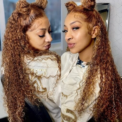 Highlight Wig Human Hair Wigs Curly Ombre Colored Honey Blonde Water Wave 13X4 Deep Wave Frontal Wig 180% Density MI1606125