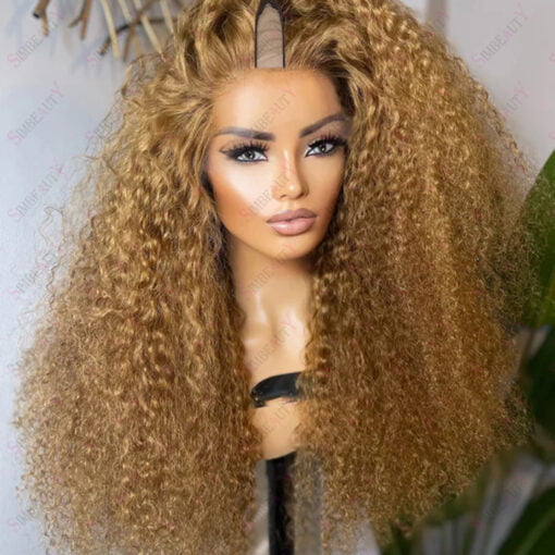 Highlights Honey Golden Blonde V Part Wigs Kinky Curly MI1610561