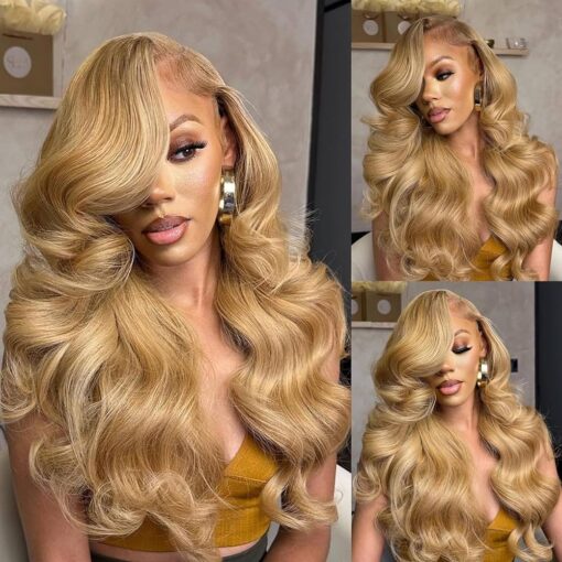 Honey Blonde Lace Front Wig Human Hair Body Wave 13X4 Hd Lace Frontal Human Hair Wigs Pre Plucked With Baby Hair 180% Density Glueless Wigs 27# MI1605107