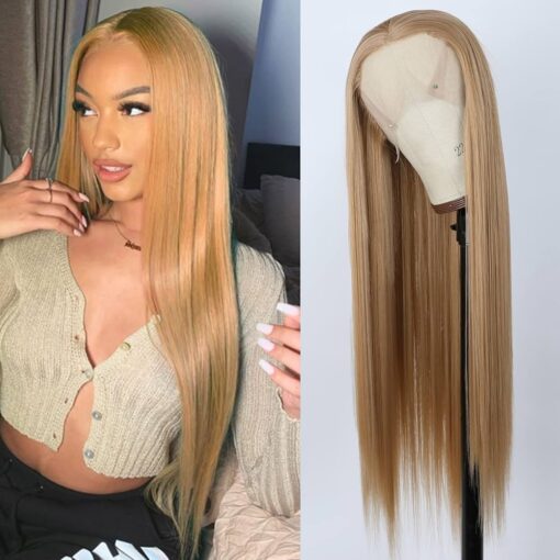 Honey Blonde Lace Front Wig Long Straight 13 ×2.5 Synthetic Glueless Heat Resistant Fiber Hair Synthetic Lace Front Wigs For Women Fashion Women Cosplay MI1610931