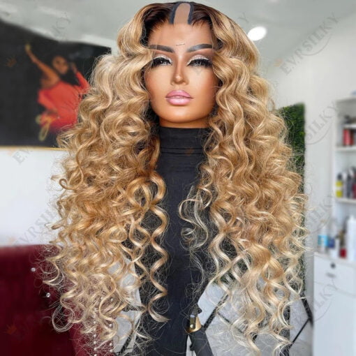 Honey Blonde Loose Curly 1X4 V Part Wigs 100% Human Hair MI1610567