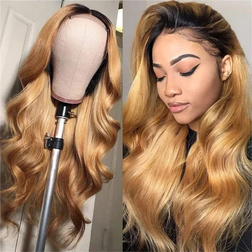 Honey Blonde Wig Human Hair Lace Front Wigs Ombre Black MI1611708