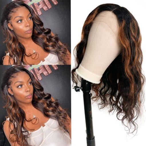 Honey Brown Highlight Wig Human Hair, T Part Curly Lace Front Wig Pre Plucked With Baby Hair 18 Inch Brazilian Remy Hair Loose Wave Black With Brown MI1611135