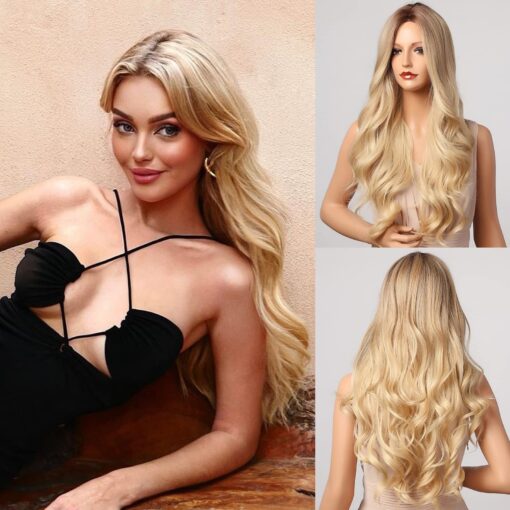 Honygebia Blonde Middle Part Wig Long Wavy Ombre Blond MI1603380