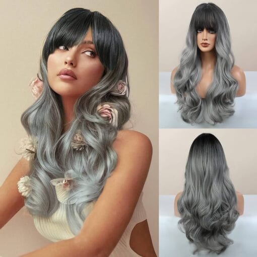 Honygebia Grey Wig With Bangs Ombre Gray Wigs For Women Women, Long Wavy Layered Black Root Realistic Hair, Natural Synthetic Heat Resistant Wigs For Women MI1611132