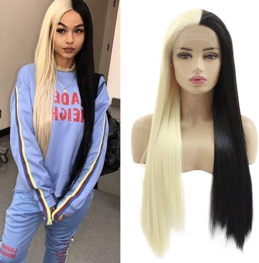 Hq Yeainmatee Half Blonde Half Black Synthetic Hair Wigs 2 Color Silky Straight 613 Blonde Lace Front Wig Cosplay Hair Heat Resistant Halloween Party MI1610428