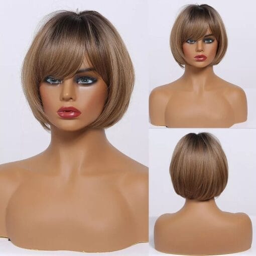 Hs54 Short Light Brown Bob Wig W/ Bangs Short Costume And MI1611107