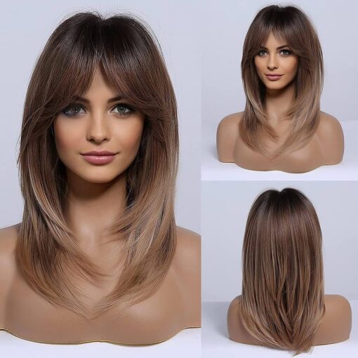 Hs61 Mid Length Ombre Brown Wig W/ Curtain Bangs MI1610743