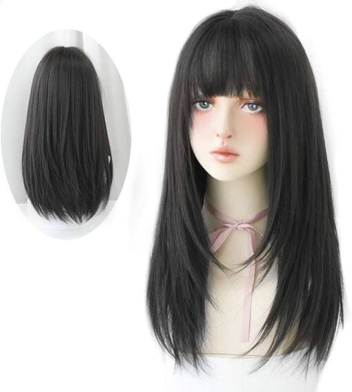 Huaisu Long Black Straight Hair Wig With Bangs Synthetic High Density Long Hair Wig For Women Women MI1604027